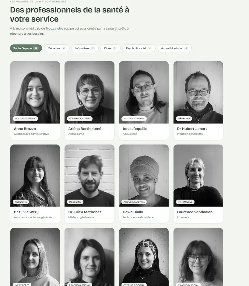 Prototype de la page équipe modernisée, avec filtres par pôle et portraits.