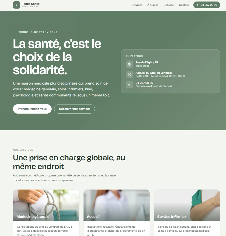 Prototype de la page d’accueil modernisée du site Trooz Santé.