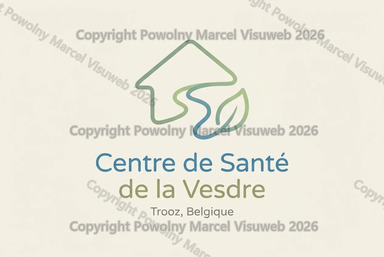 Logo variante 1 : une maison tracée d'un seul trait, dont le flanc se prolonge en rivière puis en feuille, sous le nom Centre de Santé de la Vesdre.