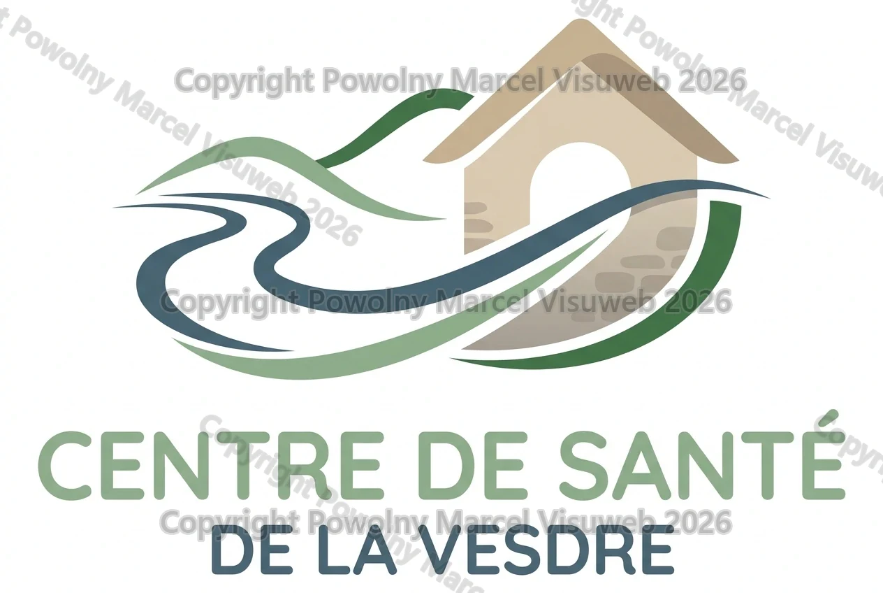Logo variante 3 : une maison de pierre à l'arche posée dans la vallée, entourée de la Vesdre en méandre et de collines vertes, au-dessus du nom en capitales.